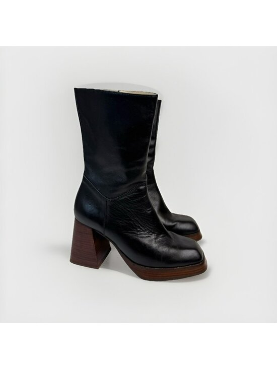 Ana Palma Shoes - Ana Palma Mid Calf Leather Boots Black Block Heel Square Toe 90s Size 38 US 7